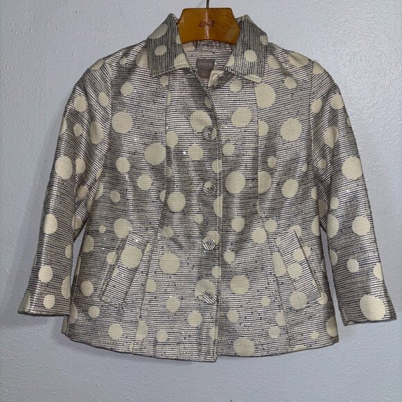 Chico’s Shine Jacquard Jacket Metallic Polka Dot Navy Cream Blazer Size 0 (4/6) - Picture 2 of 9